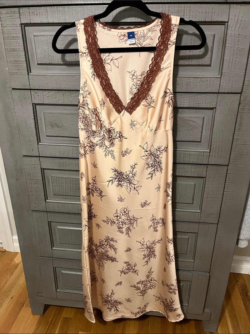 Old Navy light pink Slip Dress with maroon Floral Print and Lace Trim